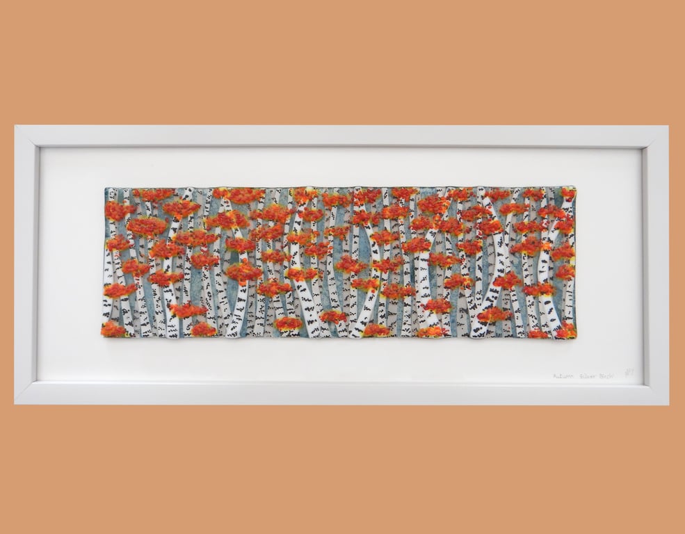Artist made fused glass 'Autumn Silver Birch' Picture.