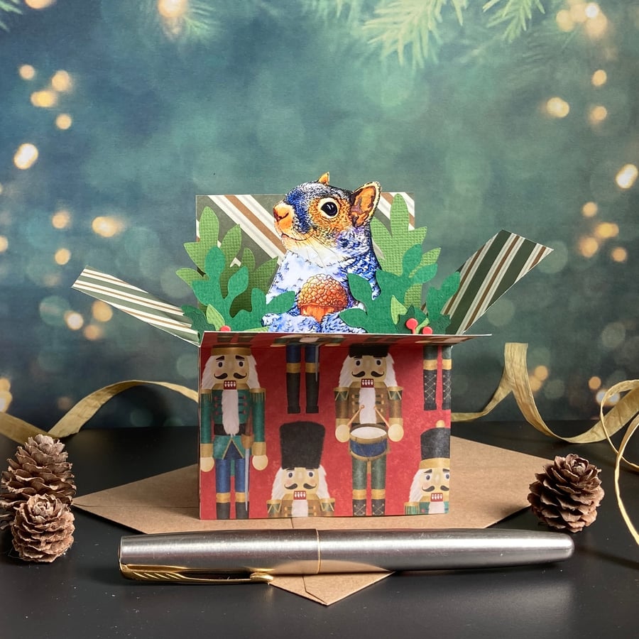 Squirrel Christmas Card. 3D box card. Personalised Christmas gift card holder.