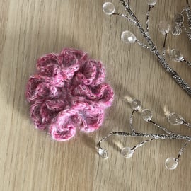 Flower brooch, crocheted, hand dyed yarn, shades of pink