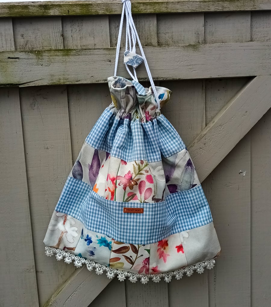 Patchwork lined drawstring bag, drawstring bag