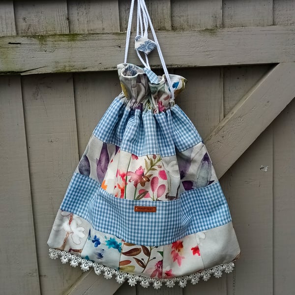 Patchwork lined drawstring bag, drawstring bag