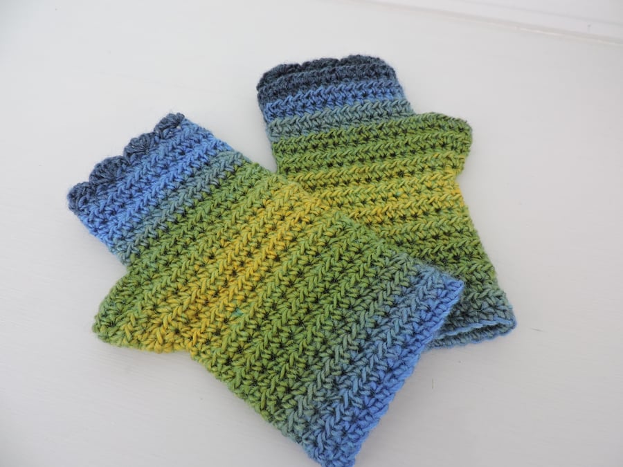Sale now 5.00  Crochet Fingerless Mitts  Green Yellow and Blue 