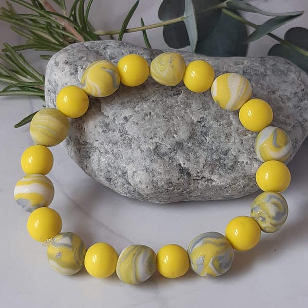 Lemon Yellow and White handmade polymer clay bracelet