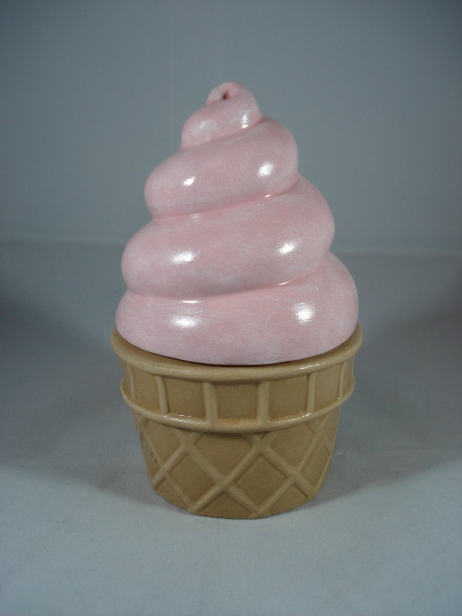 Ceramic Hand Painted Pink Whippy Ice Cream Cone Jewellery Trinket Box Container.