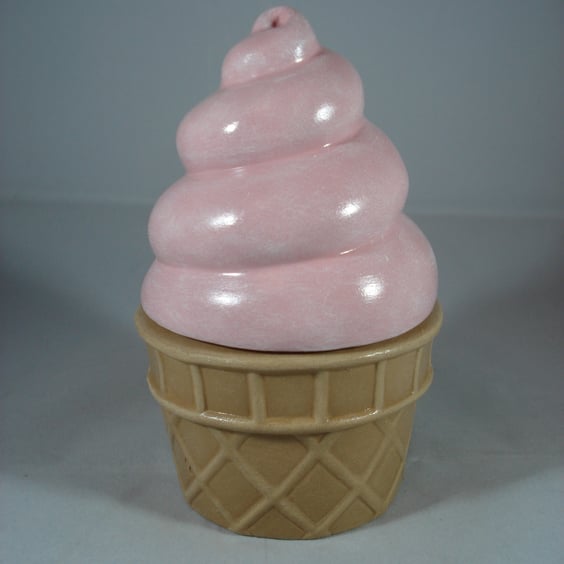 Ceramic Hand Painted Pink Whippy Ice Cream Cone Jewellery Trinket Box Container.