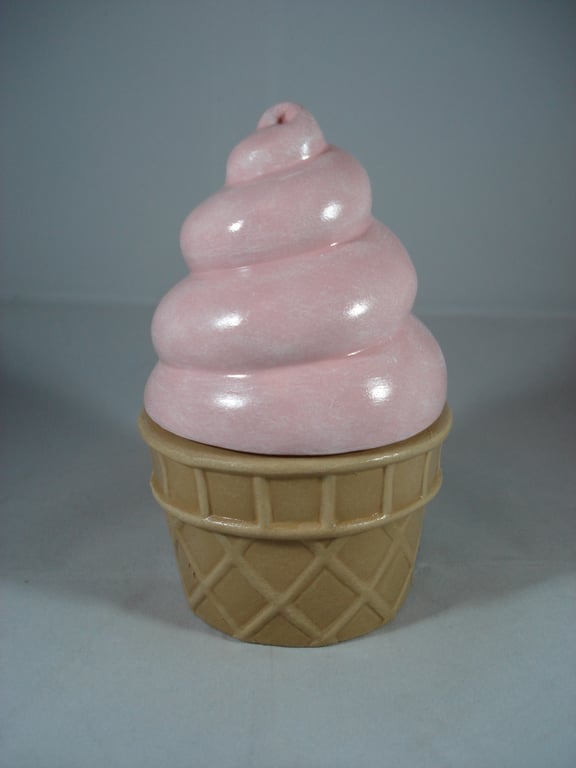 Ceramic Hand Painted Pink Whippy Ice Cream Cone Jewellery Trinket Box Container.