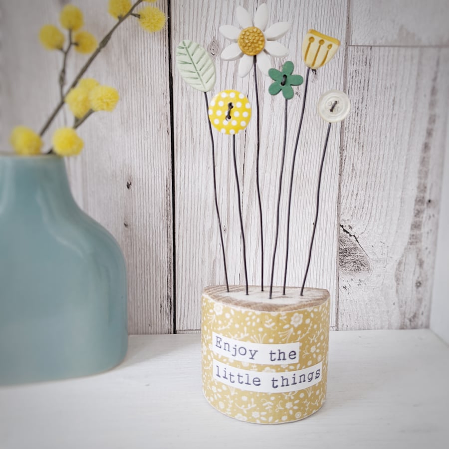 Clay and Button Flower Garden in a Floral Wood Block 'Enjoy the little things'