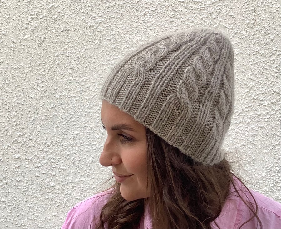BEANIE HAT .' Towpath' . Luxurious baby Alpaca, Merino wool. Cabled . Beige. 