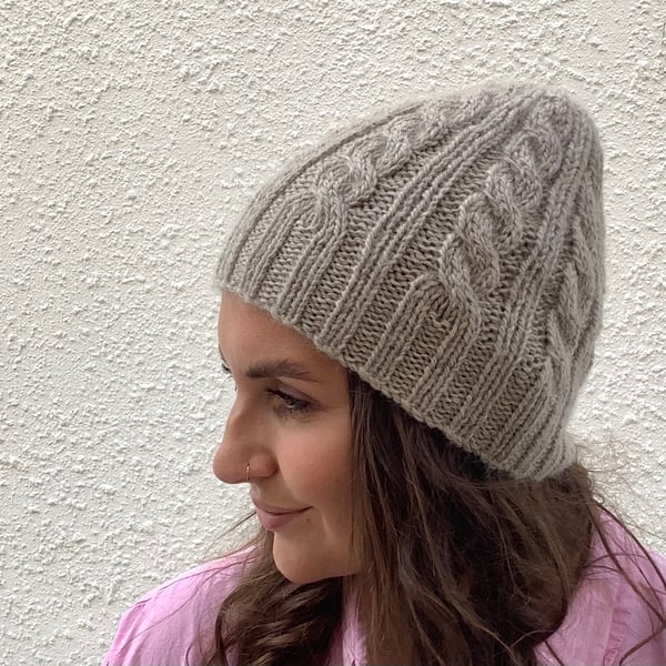 BEANIE HAT .' Towpath' . Luxurious baby Alpaca, Merino wool. Cabled . Beige. 