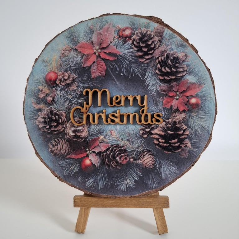 Handcrafted Wood Slice Christmas Card, Rustic Decoupage Easel Decor 15cm