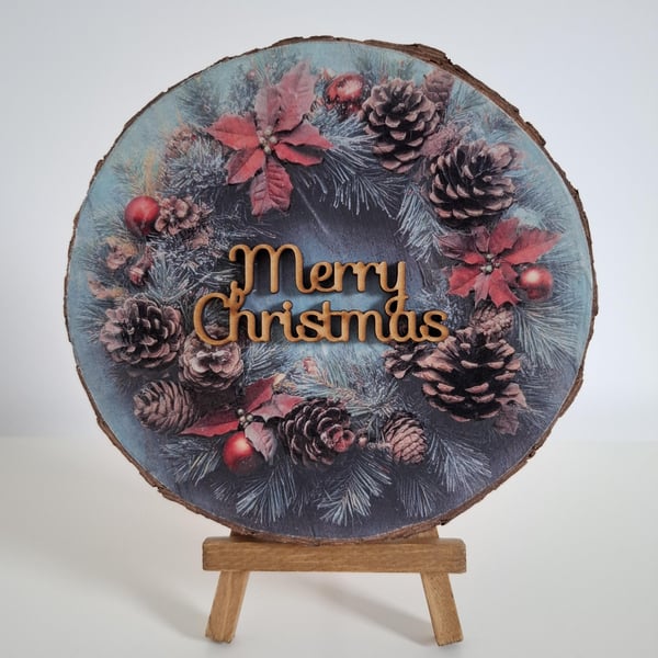 Handcrafted Wood Slice Christmas Card, Rustic Decoupage Easel Decor 15cm