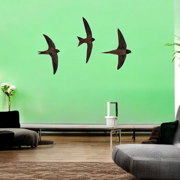 Flying Swift Bird Wall Art: Black Wooden Home Decor - Set of 3