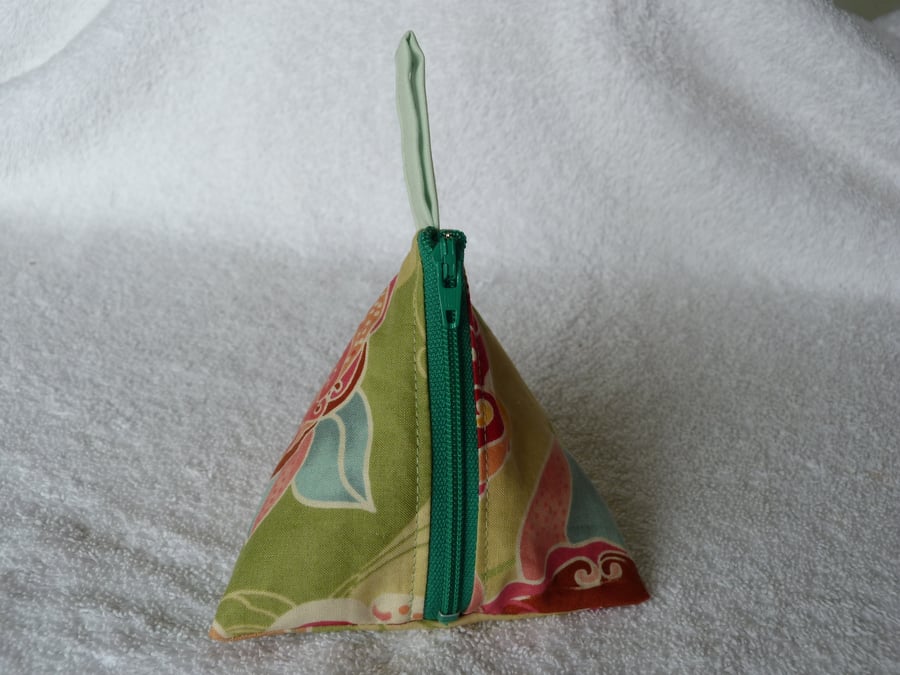  Stitch Marker Holder. Mini Pyramid Purse. Sewing Notions Holder. Green Print
