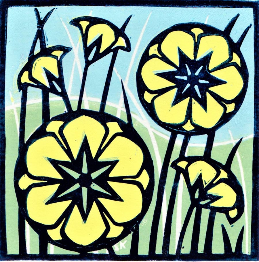 Yellow Flowers in the Grass Linoprint