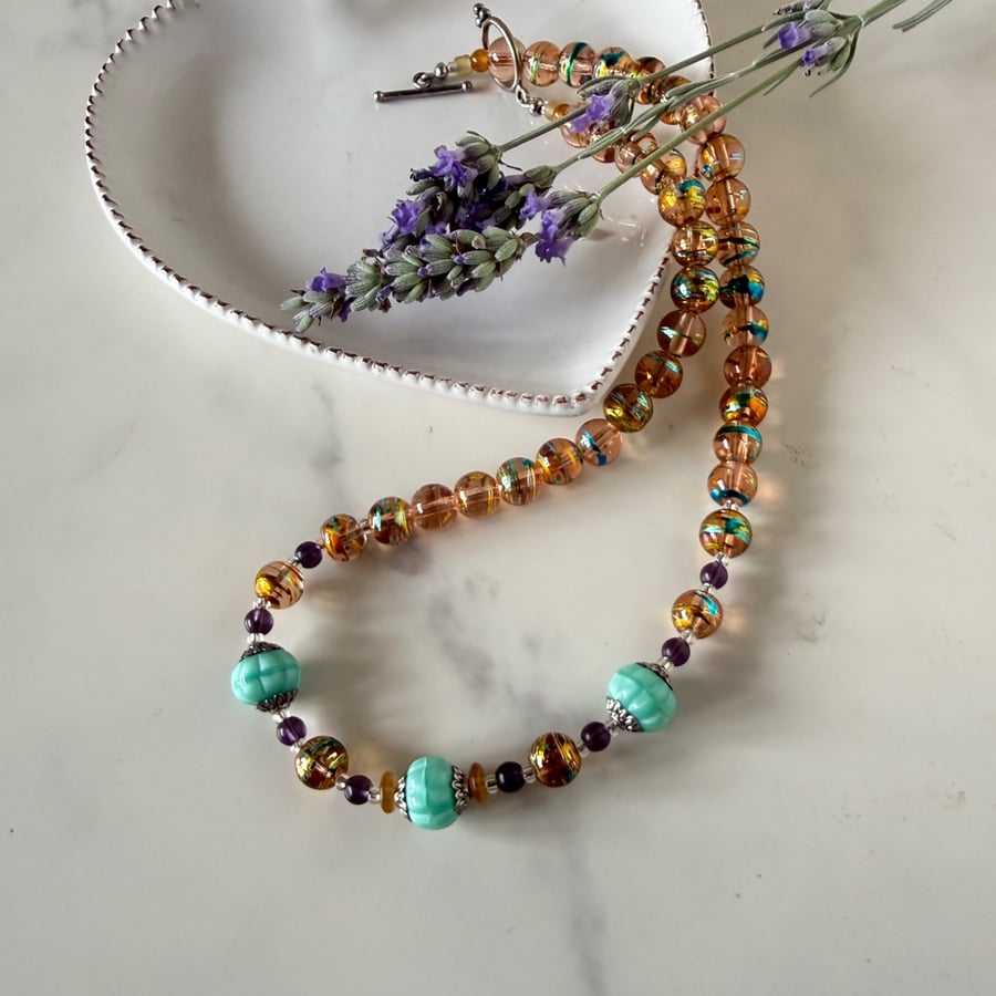 Colourful bead necklace with toggle clasp. 