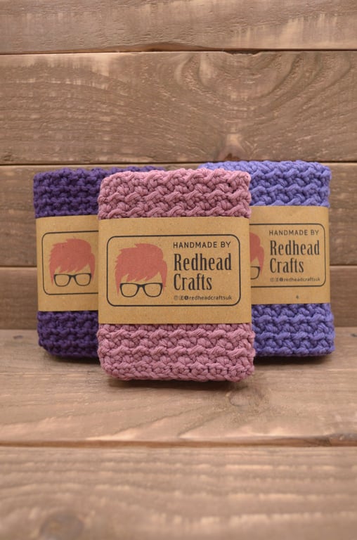 Set of 3 Crochet Washcloths, Eco Cotton Face Cloth Pack, Purples