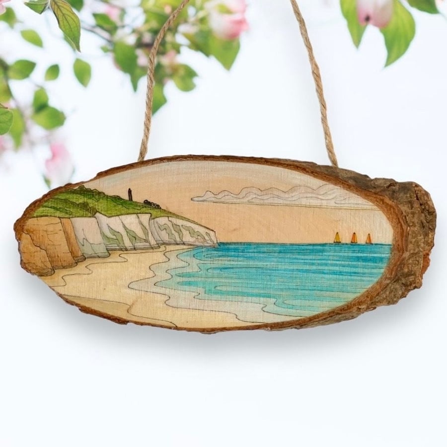 Yaverland Beach and Culver Down, original Isle of Wight Wood Slice Art