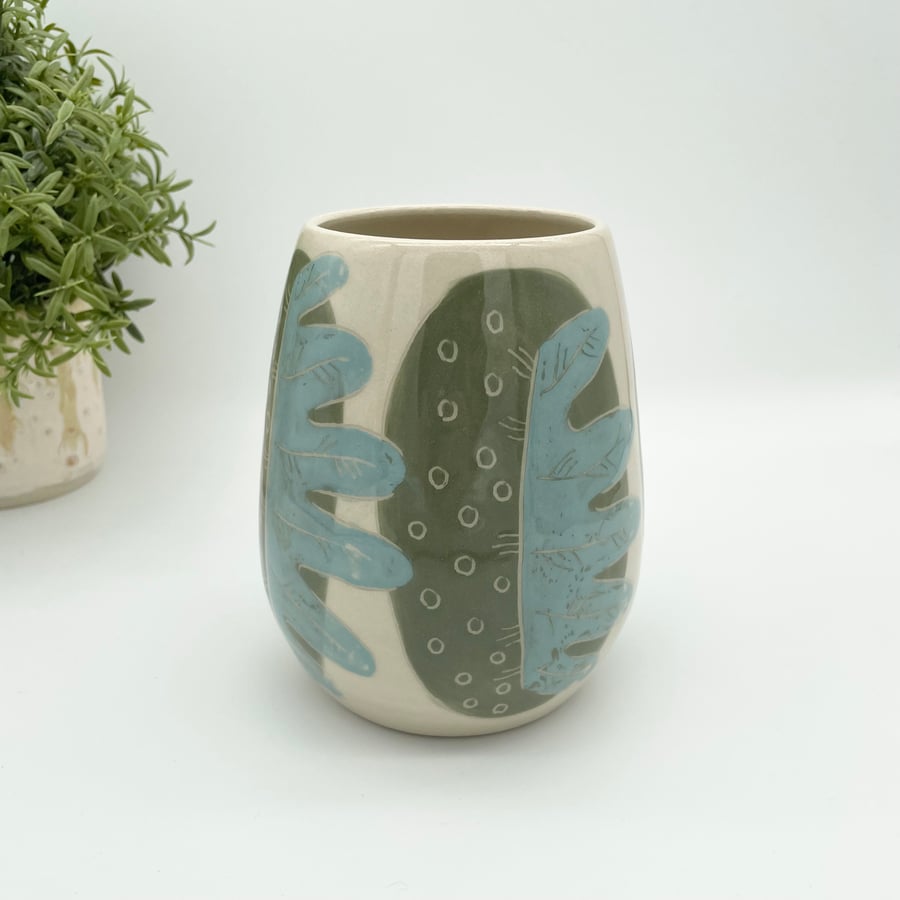 Unique Handmade Pottery Vase - Abstract Green & Blue Leaves Pattern - Ideal Gift