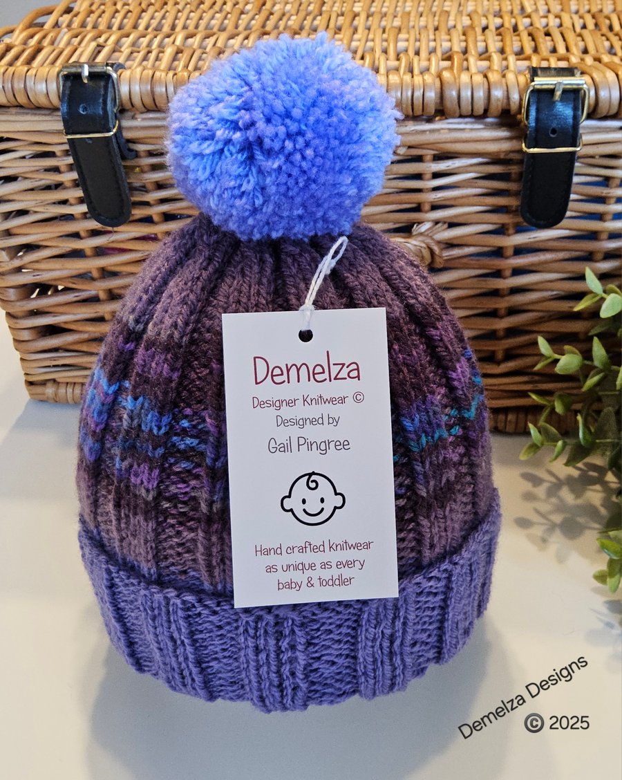 Designer Hand Knitted Girl's Ribbed Pompom Beanie Hat 1-2 Years size