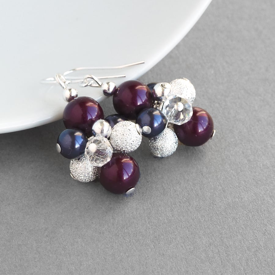 Plum Stardust Earrings - Pearl Cluster Earrings - Aubergine Bridesmaid Jewellery