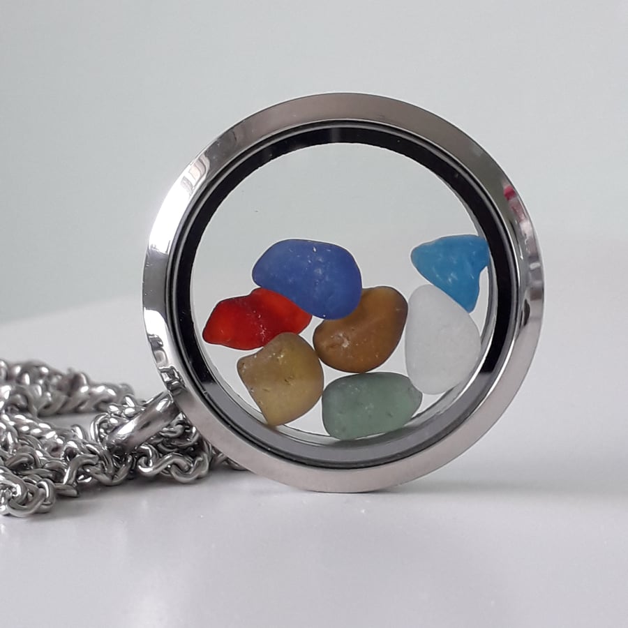 Rainbow Sea Glass Jewellery, Stainless Steel Necklace with coloured Sea Glass