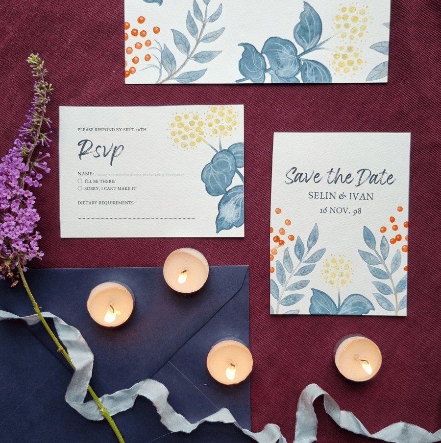 10 A6 Rowan and ivy RSVPs, save the dates or wedding details cards