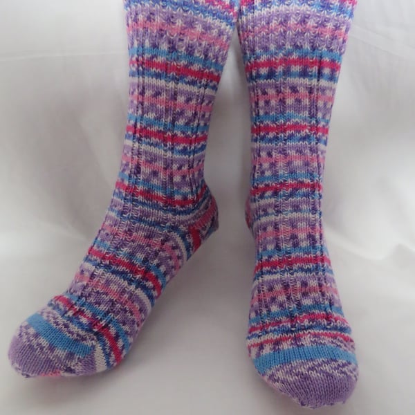 Hand-cranked Knitted Ribbed Wool Socks Size 4 to 5
