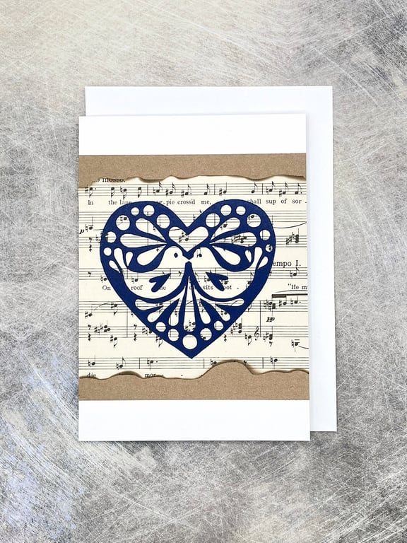 Christmas Love Birds Lino Print Card - Blue