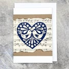 Christmas Love Birds Lino Print Card - Blue