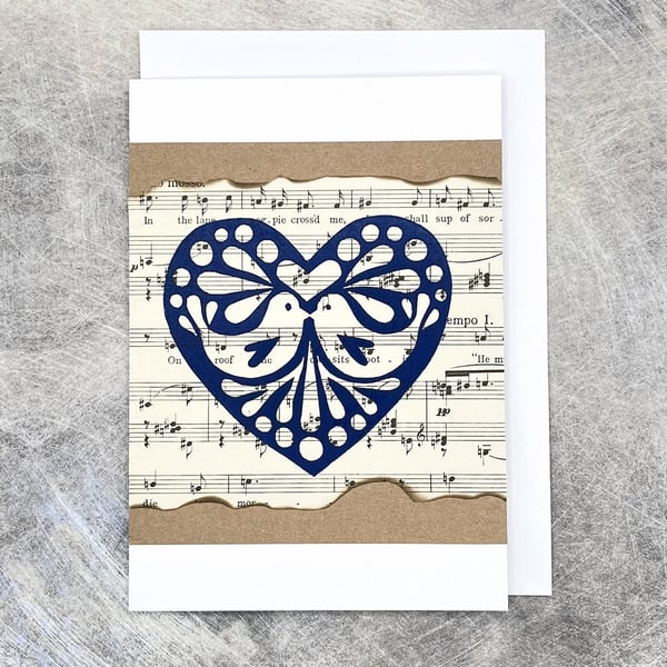 Christmas Love Birds Lino Print Card - Blue