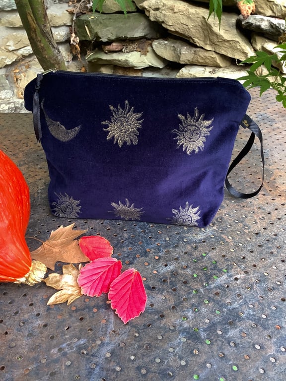 Midnight Blue Sun and Moon velvet makeup bag