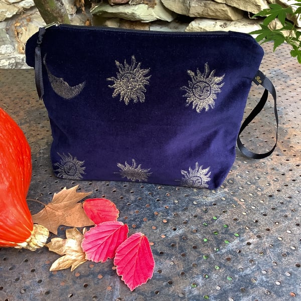Midnight Blue Sun and Moon velvet makeup bag