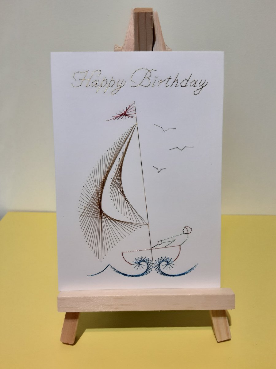 Sailing Yacht Hand Embroidered Birthday Card.