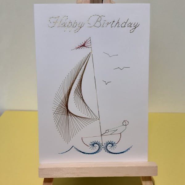 Sailing Yacht Hand Embroidered Birthday Card.