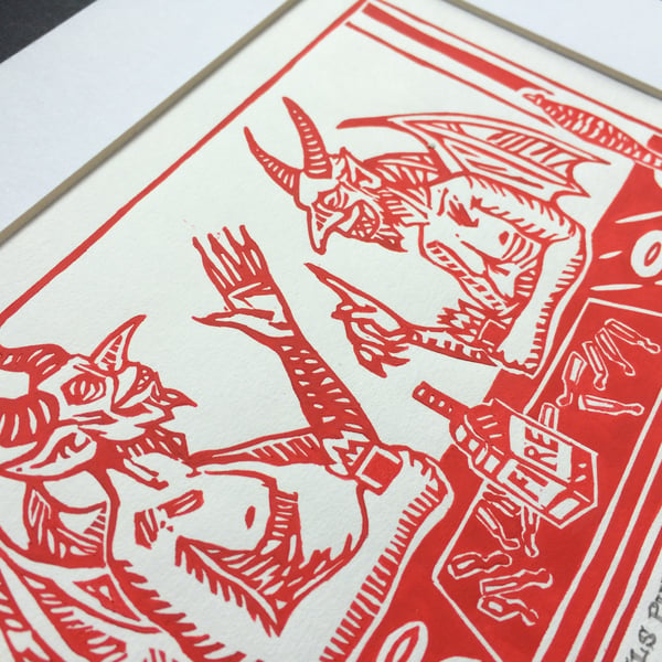 Two Devils Putting the World to Rights - In Red - Limited Edition - Linoprint