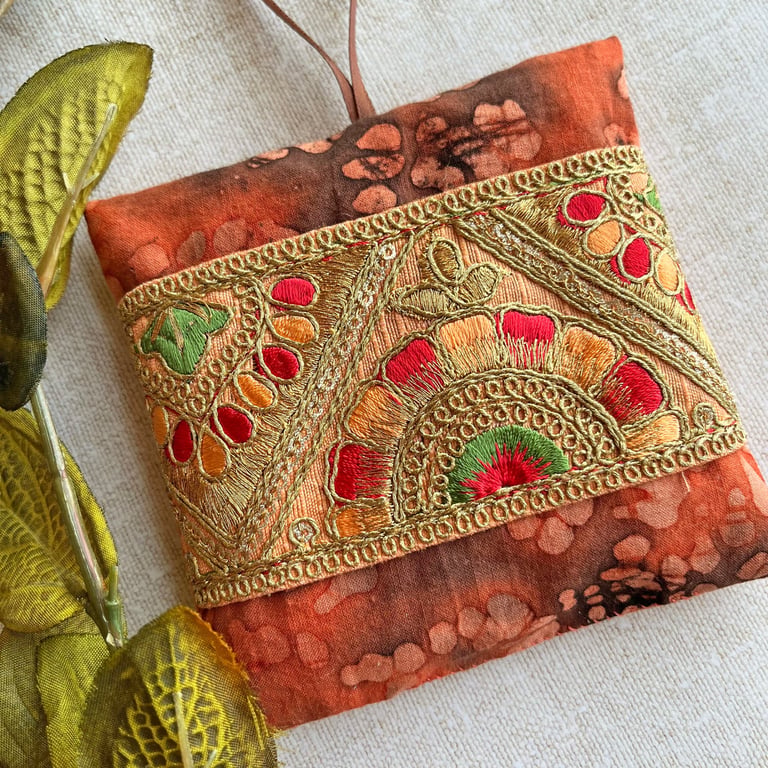 A pretty batik lavender bag with embroidered trim, scented gift, 
