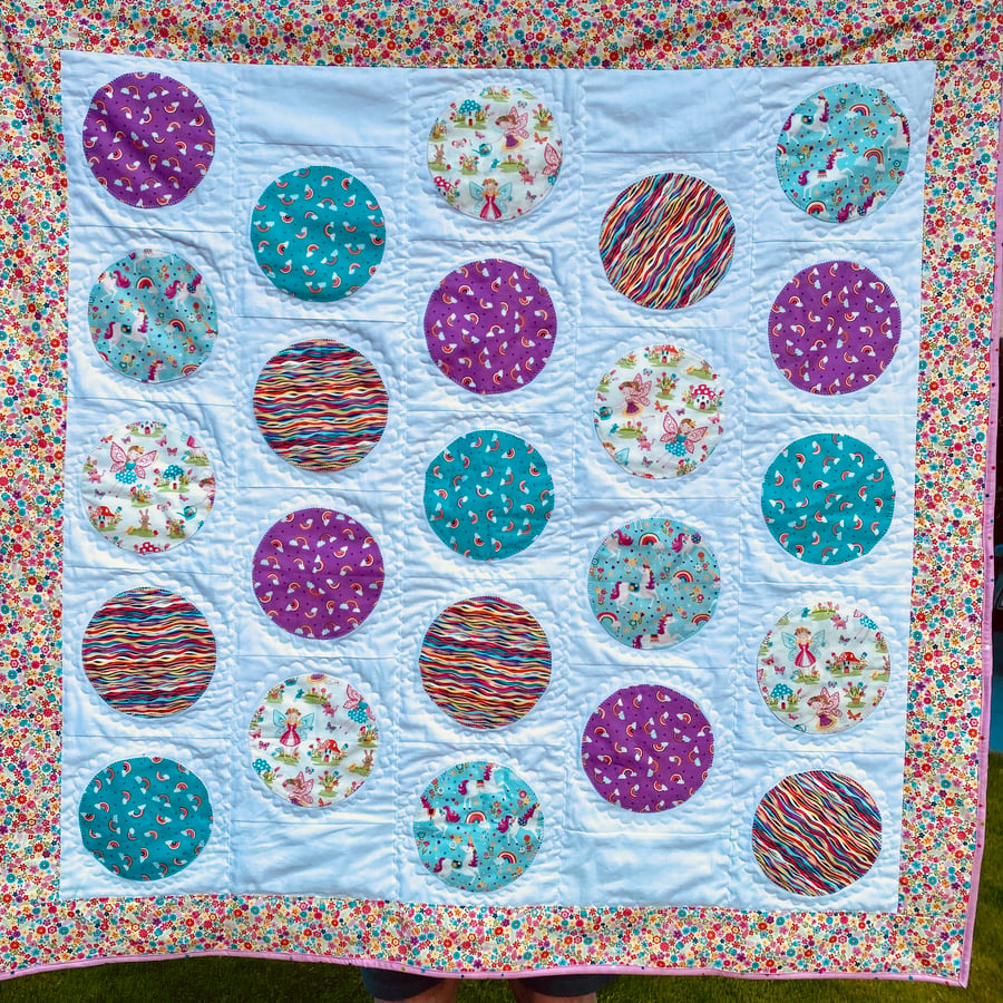 Fairytale Quilted Blanket with Unicorns, Fairies and Rainbows