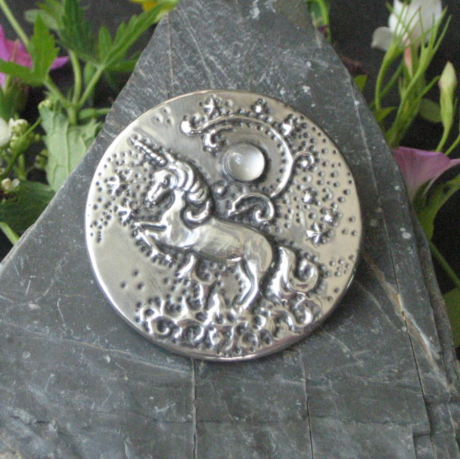 Unicorn Brooch with Moonstone