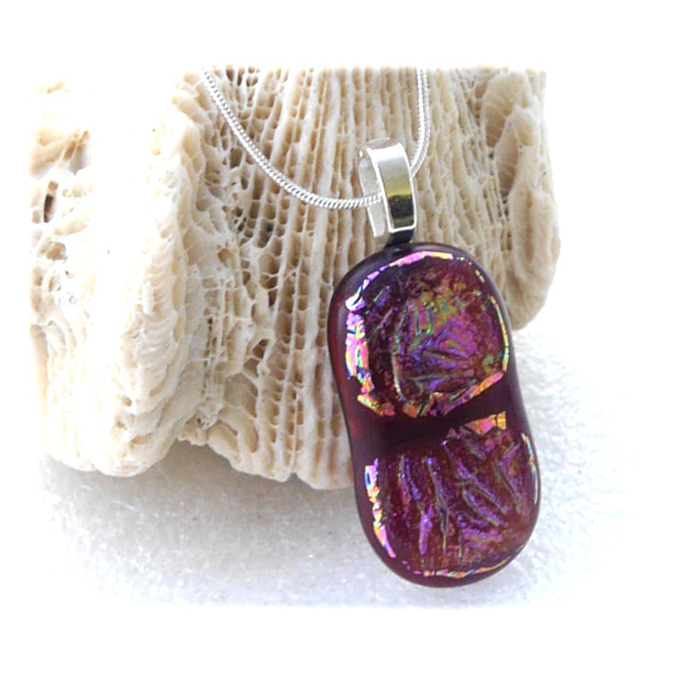 Plum Dichroic Glass Pendant 130 Glitter with silver plated chain