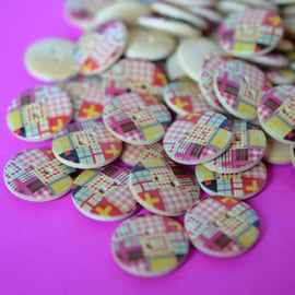 Wooden Multicoloured Retro Check Patchwork Buttons 10pk 20mm (MN1)