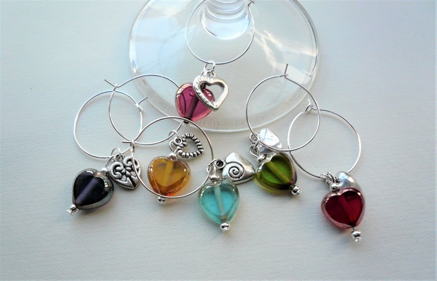 Wine Glass Charms Glass Lustre Bead Silver Heart Themed Set of 6  KCJ1884