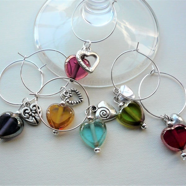 Wine Glass Charms Glass Lustre Bead Silver Heart Themed Set of 6  KCJ1884