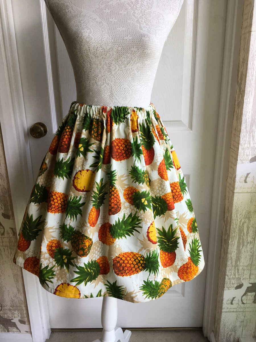Retro Rockabilly Pineapple Print Cotton Full Flared Skirt 14 16