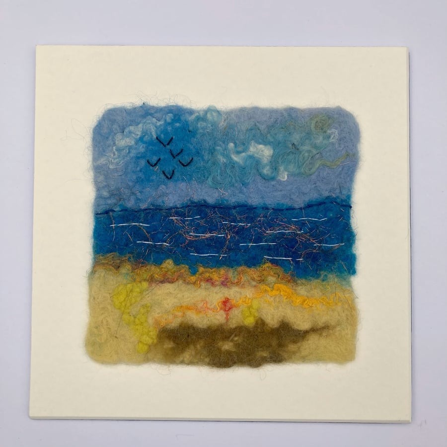 Small wet felted and embroidered coastal seascape picture 