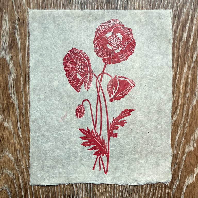 PERFECTLY IMPERFECT Wild poppies original linocut print in red