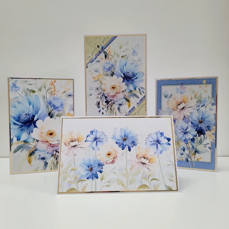 Set of 4 Watercolour Style Floral Greeting Cards - Blank Inside - 4 x 6 inches