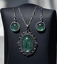 Jewellery set, necklace and earrings, handmade felt with silk in green