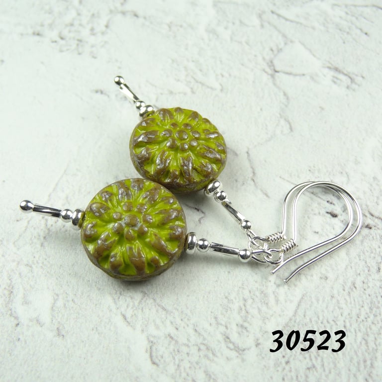 Sterling silver Czech glass pistachio dahlia flower drop earrings, gift box