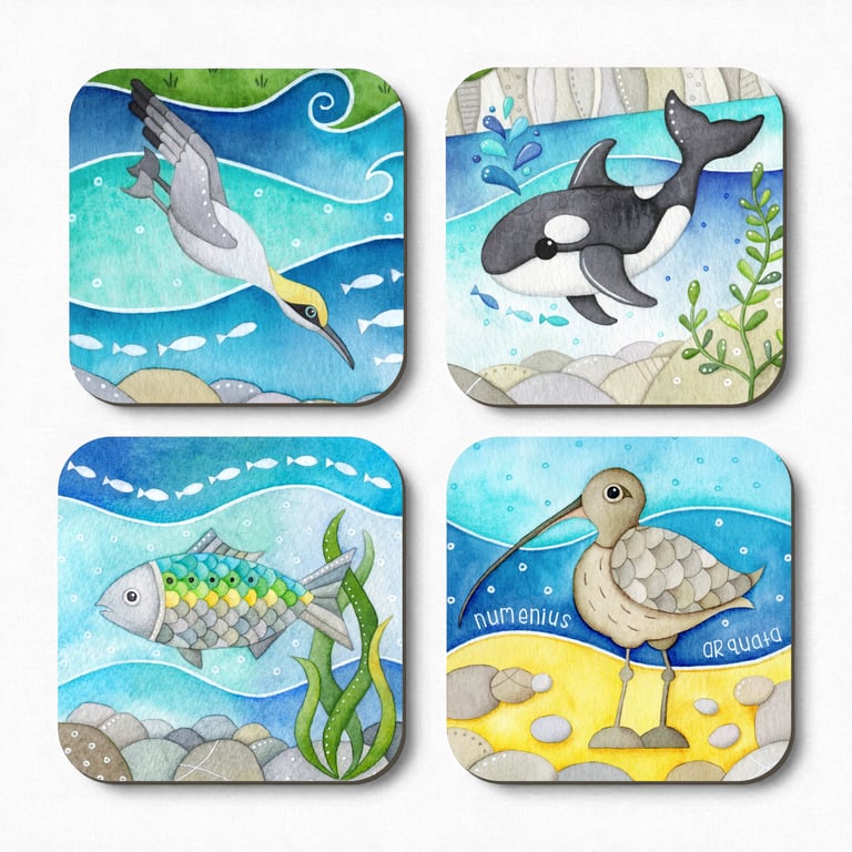 Seaside Coasters (Set of 4) - Cute Animal Art. Orca Whale, Curlew, Gannet, Fish