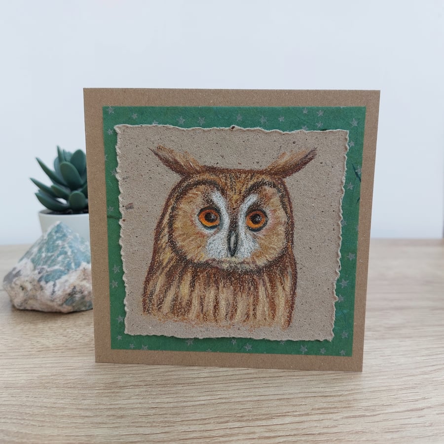 Hand Drawn Long Eared Owl Blank Greetings Card. Unique Card for Nature Lovers